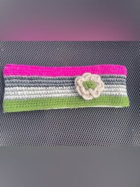 Striped Crochet Headband with Flower Accent - Pink, Green, Gray